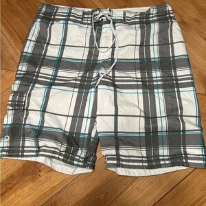 Men's Blue Sol Plaid Swim Shorts - Gray and White Size 38